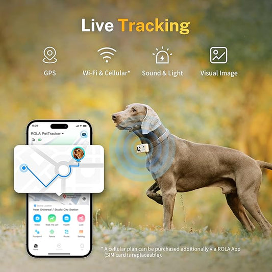 ROLA PetTracker GPS Tracking for Dogs: Live GPS Location, Cellular & WiFi, Replacable SIM Card, Geofencing, Built-in Light and Sound, Camera for Image Positioning (White)