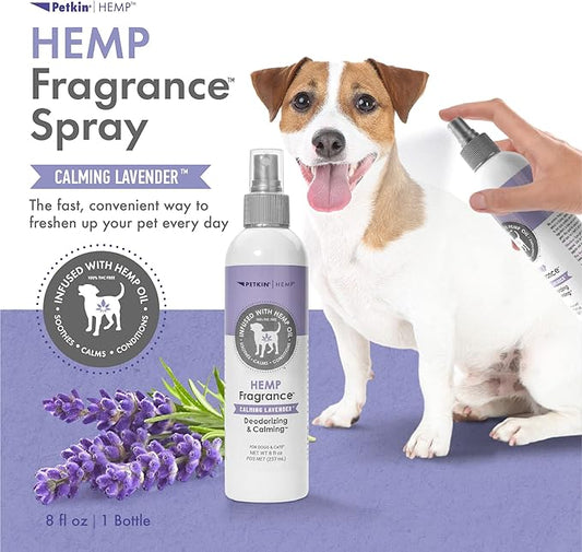 Petkin Hemp Fragrance for Dogs and Cats - with Hemp Oil & Calming Lavender Extract, 8 oz - Soothes, Calms & Conditions - Keeps Pet Smelling Great - for Home, Travel & Use on Pet Bedding