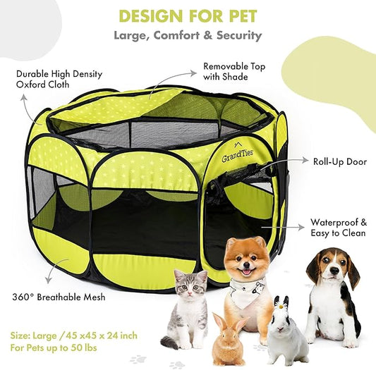 GrandTies Waterproof Dog & Cat Playpen – Foldable Pet Tent for Indoor & Outdoor, Pop-Up Kennel for Puppies, Kittens & Rabbits – Portable Travel Crate with Carrying Case (Spring Sprout, Large)