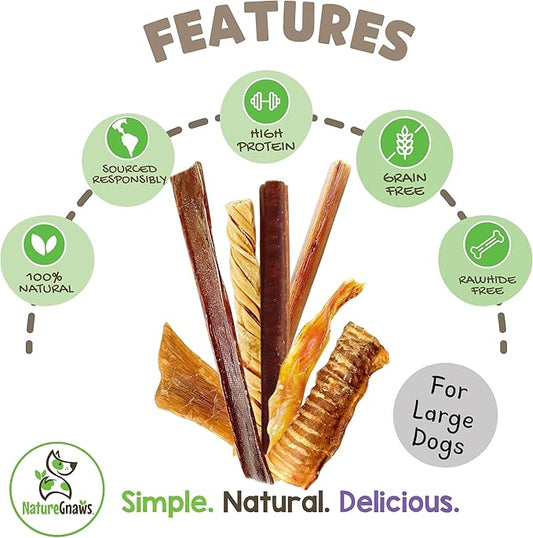 Nature Gnaws Variety Pack for Large Dogs (12 Count) - Bully Sticks, Beef Tendons and Tripe Twists for Dogs - Natural Long Lasting Beef Dog Chew Bones - Rawhide Free