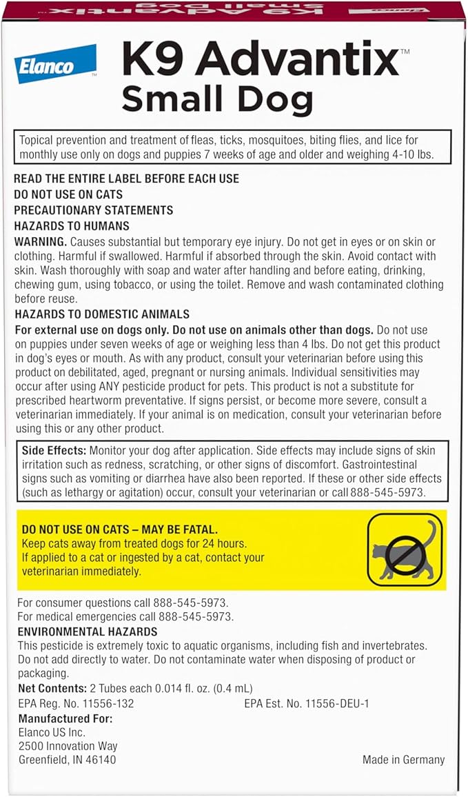 K9 Advantix Flea, Tick & Mosquito Prevention for Dogs 4-10 lbs. | Flea Drops for Small Dogs | Apply Monthly | 2 Treatments