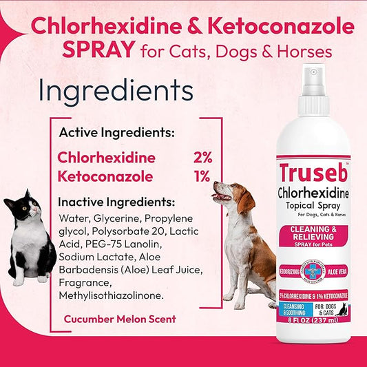 Truseb Topical Ketoconazole and Chlorhexidine Spray for Dogs, Cats, and Horses with Essential Fatty Acids, Aloe and Vitamin E- 16 oz (Ketoconazole & Chlorhexidine Spray, 16 oz)
