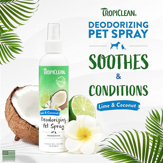 TropiClean Dog Perfume, Long Lasting Lime & Coconut Cologne, Deodorizing Spray for Smelly Dogs, After Bath Detangling Spray with Vitamin E, Safe for Cats, 8oz.