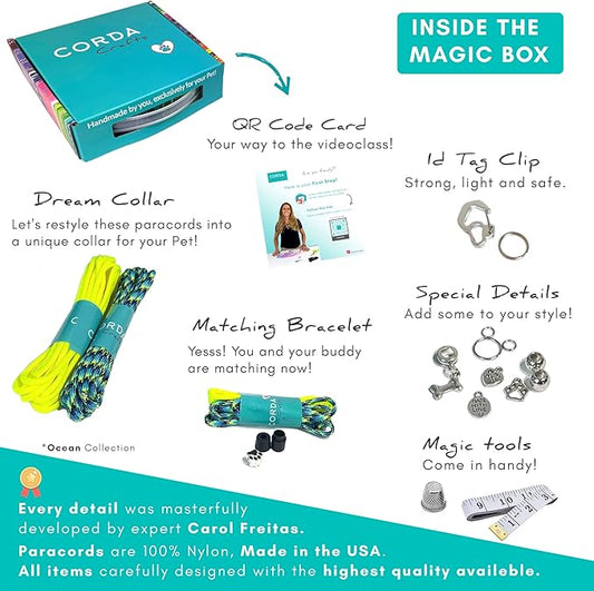CORDA Crafts - Paracord Kit - Complete Accessories for Making Necklace Dog and Owner Matching Bracelet - Easy Video Tutorial - Waterproof Pet ID Tag Clip Included - Small Dog, Ocean