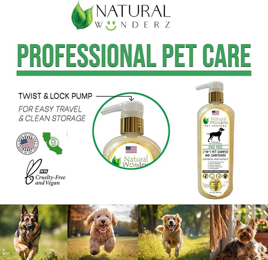 Pet Shampoo & Conditioner, Shed Free 2-in-1, Oatmeal and Honey, Hypoallergenic, Vegan, Natural Extract, for Healthy Skin & Coat, 32 Fl Oz, for Dry Itchy Skin, All Breeds, by Natural Wunderz