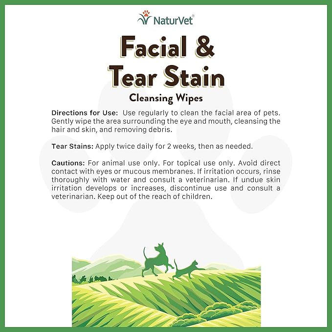NaturVet Facial & Tear Stain Cleansing Wipes for Dogs & Cats 60 Count