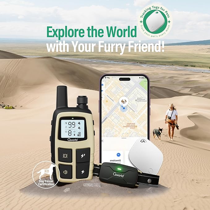 GWORLD i tag Dog Collar No Monthly Rent GPS trackers for Dogs (Only iOS) with Smart Tracker 2 in-1 Dog Training Collar with Remote Innovative IPX7 Waterproof, for All Breeds Sizes