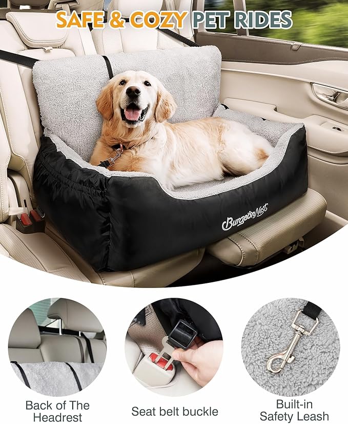 BurgeonNest Dog Car Seat for Small Dogs, Fully Detachable and Washable Dog Carseats Small Under 25, Soft Dog Booster Seats with Storage Pockets and Clip-On Leash Portable Dog Car Travel Carrier Bed