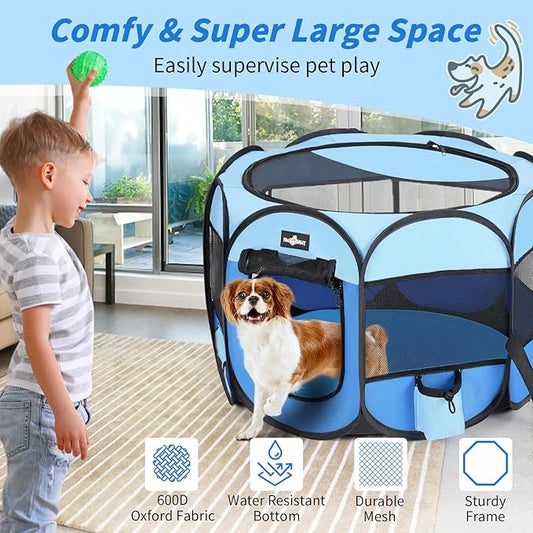 Foldable Pet Cat Playpen, Portable Pet Dog Playp en for Small Dog Cat, Puppy Kitten Pen with Free Carrying Case & Waterproof Pad, Pop up Pet Playpen for Indoor Outdoor Use