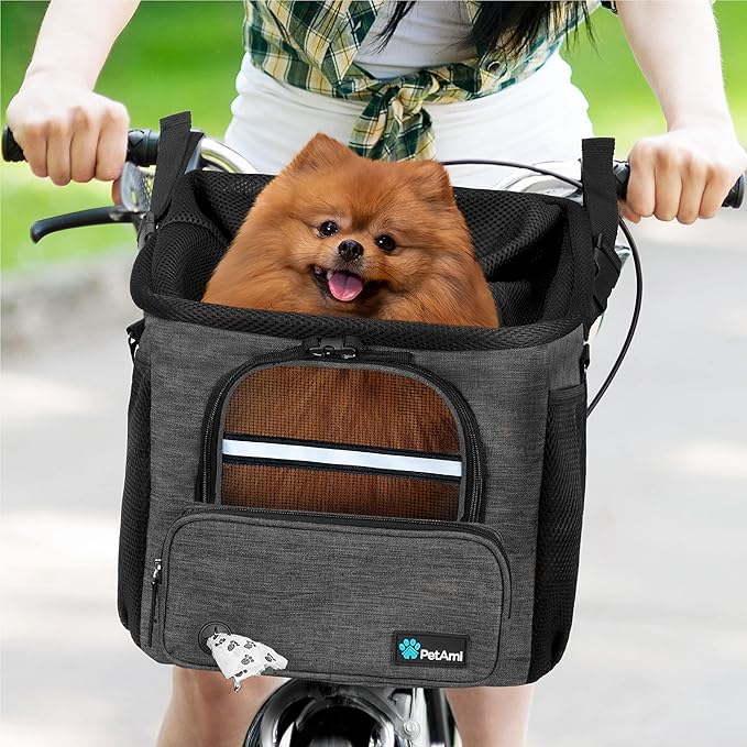 PetAmi Dog Bike Basket, Soft-Sided Ventilated Dog Bike Carrier Backpack, Dog Pet Bicycle Basket for Bike Handlebar, Small Medium Puppy Cat Kitten Car Booster Seat with Safety Strap