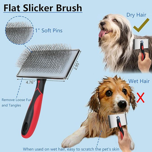 Extra Long Pin Slicker Brush for Large Dogs, Remove Loose Fur and Tangles; Dog Undercoat Rake for Shedding, 5-in-1 Dog Grooming Brush for Long Haired Dogs&Cats
