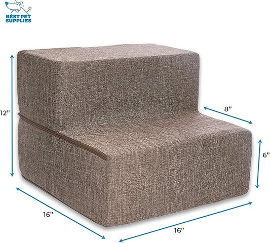 Best Pet Supplies Portable Foldable Foam Pet Stairs/Steps for Couch, Sofa, and High Bed, Non-Slip Bottom Balanced Paw Safe - Brown Linen, Foldable 2-Step (H: 12")