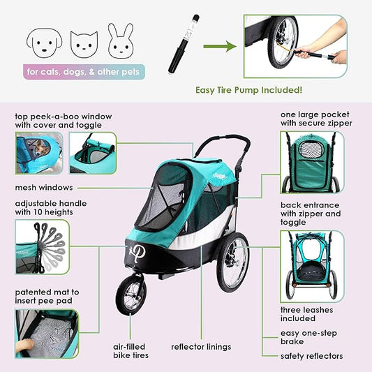 PETIQUE Trailblazer Jogger, Dog Cart for Medium Size Pets, Ventilated Pet Stroller for Cats & Dogs, Turquoise