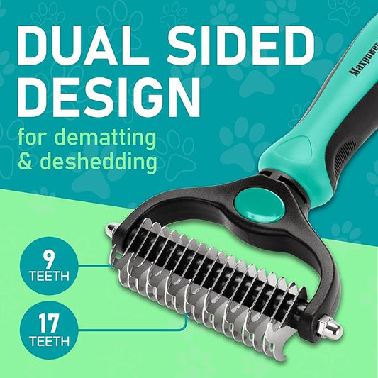 Maxpower Planet Hair Brush - Double Sided Shedding, Dematting Undercoat Rake for Dogs and Cats - Extra Wide Dog Grooming Brush, Reduce Shedding by 95%, Turquoise