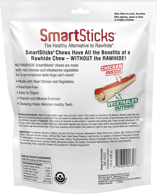 Smartsticks No Rawhide, Dog Chews Made With Real Chicken and Vegetables, 10 sticks.