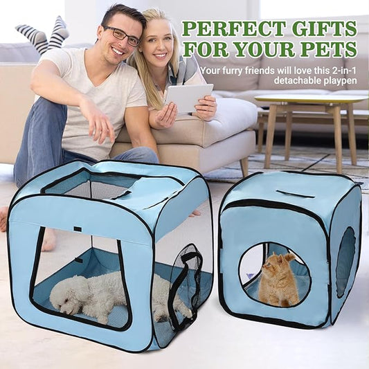 Royizen Puppy Cat Tent Playpen Foldable Waterproof Dog Crate Kennel Indoor Outdoor Portable Playpen Kitten and Small Pets Pop Up Kennel Cat Travel Carrier with Litter Box Enclosure, Light Blue