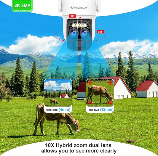 VSTARCAM Solar Camera Outdoor Wireless No Subscription, Dual Cameras, 2K UHD with 10× Zoom, 100% Wire-Free with Battery Powered, 360° Panoramic View, PIR Motion Detection, Siren, 2-Way Audio,IP66