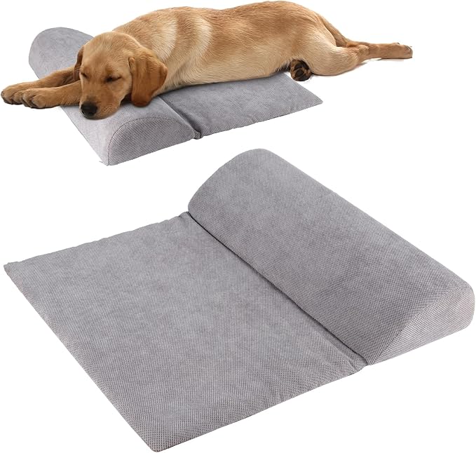 Dog Bolster Pillow with High Resilience Foam, Headrest for Large Dogs, Benefit for Cervical Vertebra and Neck, Easy to Carry, Machine Washable Cover&Easy to Clean(Grey)