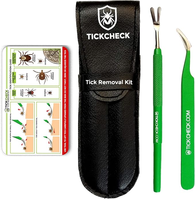 TickCheck Premium Tick Remover Kit - Stainless Steel Tick Remover + Tweezers, Leather Case, and Free Pocket Tick Identification Card (1)