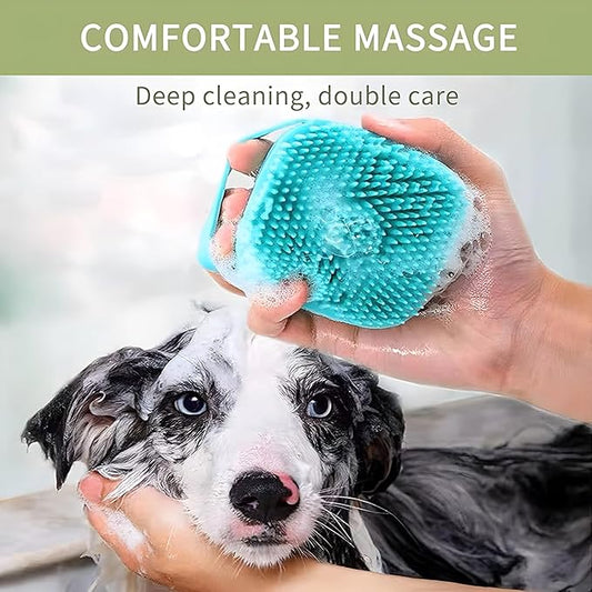 JASLAH 3 Sets with Comb, Pet Grooming Bath Brush Soft Silicone Bristle for Long Short Haired Dogs and Cats Shower, Bath Brush Soothing Massage Rubber Comb with Adjustable Ring Handle, Blue