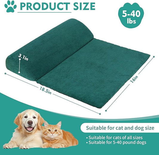 Dog Cat Bolster Pillow with High Resilience Foam, Headrest for Large Dogs, Benefit for Cervical Vertebra and Neck, Easy to Carry, Machine Washable Cover&Easy to Clean(Green)