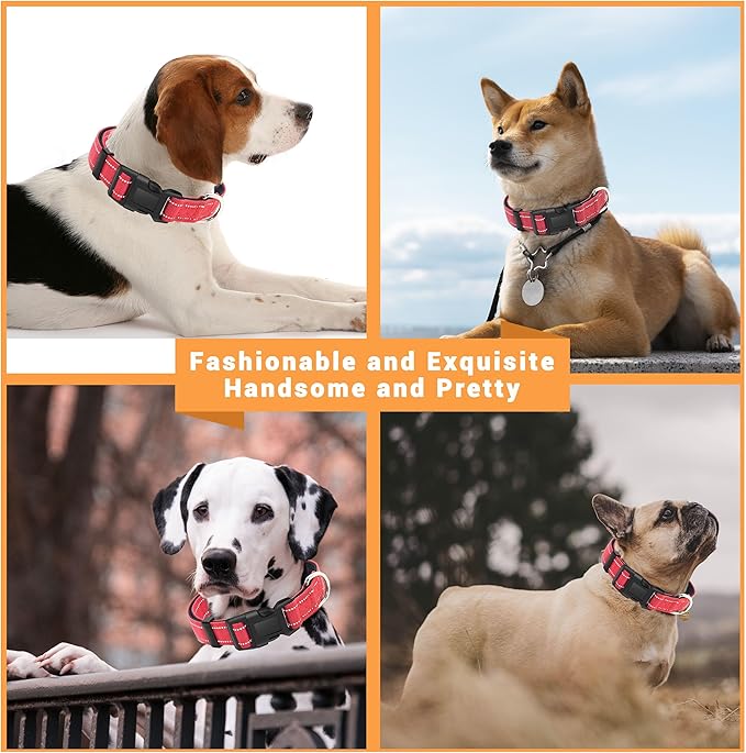 2 Pack Reflective Dog Collar with Safety Locking Buckle, Adjustable Soft Breathable Comfortable Nylon Pet Collar for Small, Medium and Large Dogs, Red, L
