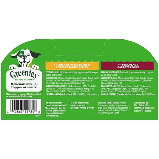 Greenies Smart Topper High Protein Wet Mix-in for Dogs, Chicken, Green Beans, and Sweet Potatoes Recipe & Beef, Peas, and Carrots Recipe Variety Pack, 2oz. 8 Trays