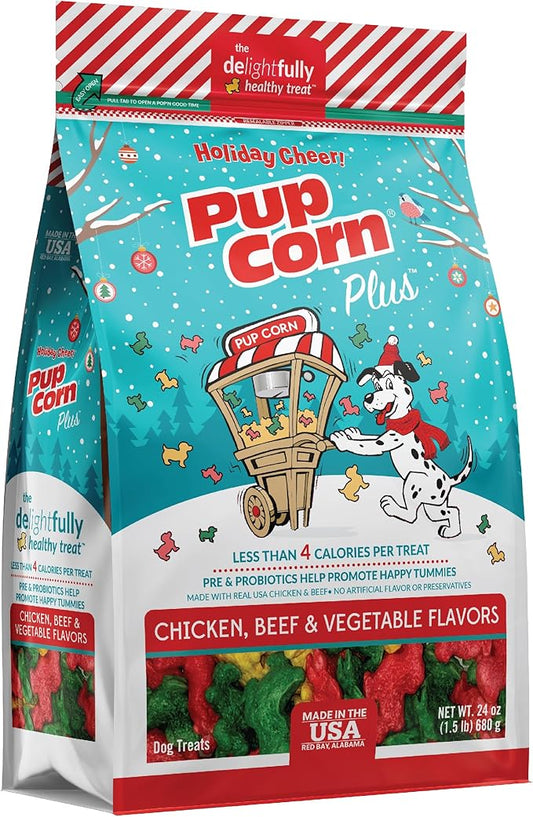 Pup Corn Plus - Puffed Dog Treats with Prebiotics and Probiotics - Holiday Cheer Flavored (24oz) - Made in USA