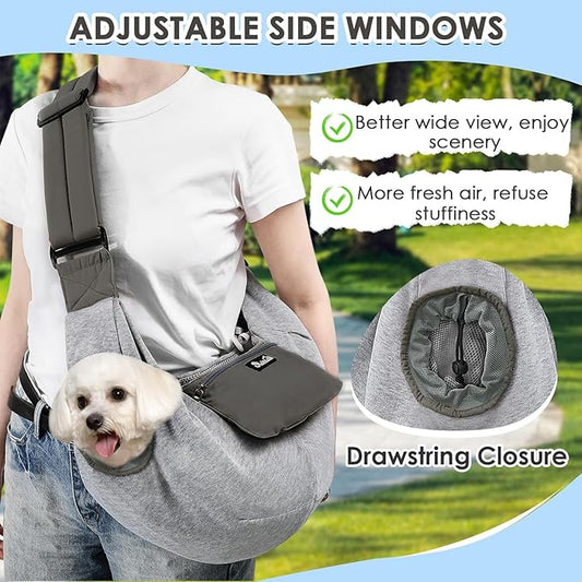 SlowTon Dog Carrier Sling - Puppy Carrier with Window and Storage Pocket Fits up to 12lbs, Dog Sling with Thick Adjustable Shoulder Strap and Safety Leash, Pet Carrier Bag for Small Dogs Cats(Grey M)