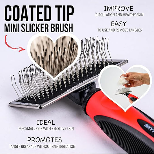 Mini Brush for Dogs and Cats - Coated Tips Massage Skin - Long Pins Remove Mats, Tangles in Long and Poodle Fur