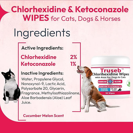 Truseb Topical for Dogs, Cats and Horses - with Aloe for Cleansing (Ketoconazole & Chlorhexidine Wipes, 100 Count)