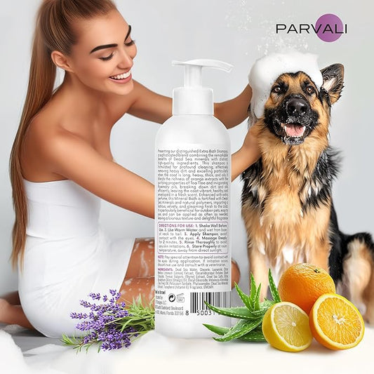 Natural Dead Sea Extra Bath Dog Shampoo (250 ml, 8.45 fl oz). for Long-Haired Breeds, Heavy Dirt Treatment, Anti-Itch Formula. Minerals Rich, Extra-Scented, Easy Application. Enjoy!