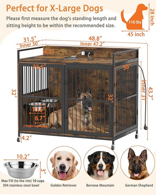 Piskyet 48" Large Dog Crate Furniture, Indoor Dog Kennel Furniture with 4 in 1 Charge Station, Heavy Duty Dog Crate Table with 360°Raised&Rotatable Feeder, Double Door Kennel with Wheels,Rustic Brown