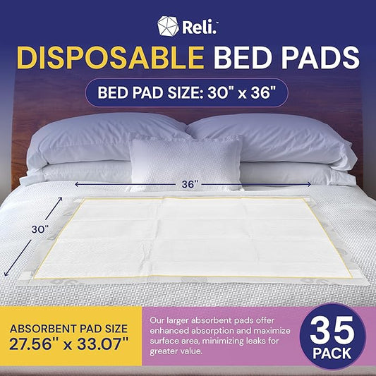 Reli. Disposable Bed Pads (35 Pack) | 30" x 36" | XL Bed Pads Disposable Adult Incontinence Sheets w/ Non-Slip Adhesives | Absorbent Peepads for Adults, Seniors, Puppy