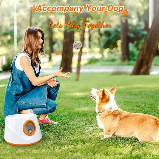 Compact Automatic Ball Launcher for Dogs with Random Mode, 3 Settings to 45FT, Rechargeable Small Dog Ball Thrower with 4 ETPU Tennis Balls for Small Medium Breeds