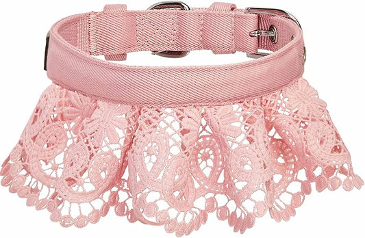 Blueberry Pet Floral Lace Adjustable Dog Collar in Baby Pink with Metal Buckle, Neck 9-12.5", for Small Breed