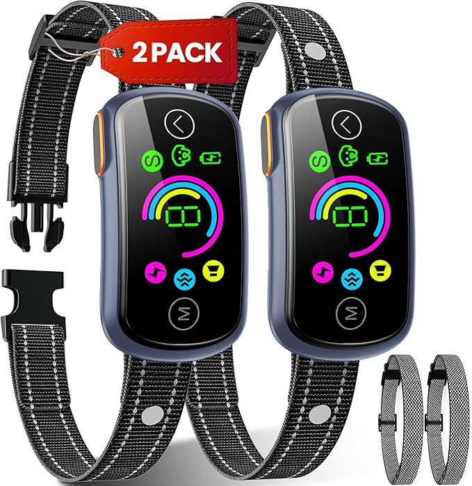 Dog Bark Collar, 2 Pack Customizable Bark Collar for Large Medium Dogs, Smart Stop Barking Training Collar with Adjustable Beep Vibratioin Shock and Sensitivity with Replacement Strap,Grey