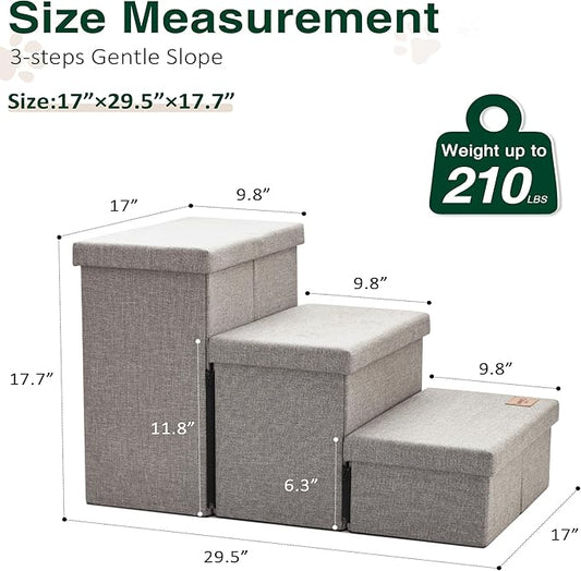 Love's cabin Dog Stairs for High Bed 18"H,Foldable Pet Stairs for Small Medium or Large Dogs Puppy with Storage for Bed or Couch, Cat Dog Steps Ramp with Zip up to 210 lbs(Solid Grey,3 Steps no Condo)