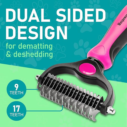 Maxpower Planet Hair Brush - Double Sided Shedding, Dematting Undercoat Rake for Dogs, Cats - Extra Wide Dog Grooming Brush, Pink
