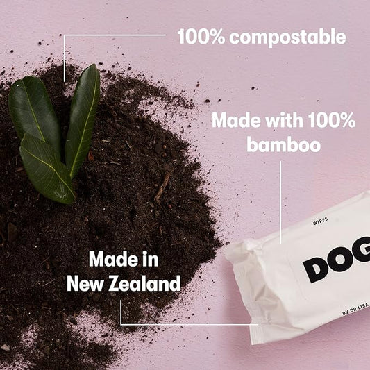 DOG by Dr Lisa - Dog Travel Wipes - Plant-Based - Natural Bathing Wipes for Dogs - Made from 100% Compostable Bamboo - Vet-Created - Vegan - Non-Toxic - Travel Size - Carton (20 per Box)