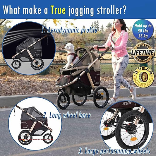 HPZ Pet Rover Run Performance Jogging Sports Stroller with Comfort Rubber Wheels/Zipper-Less Entry/1-Hand Quick Fold/Aluminum Frame for Small/Medium Dogs, Cats and Pets (Taupe)
