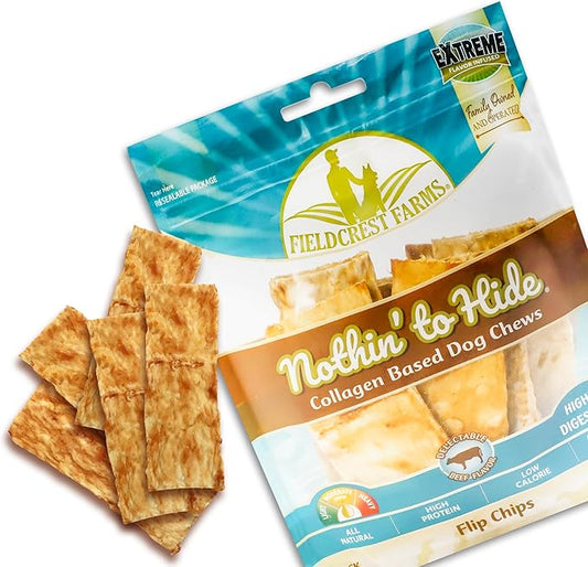 Fieldcrest Farms Nothin to Hide Flip Chips Dog Chews - Natural Rawhide Alternative Treats for Dogs, Collagen Based Snack for Moderate Chewers Up to 35lbs, Beef Flavor - 2 Packs (16 Chips)