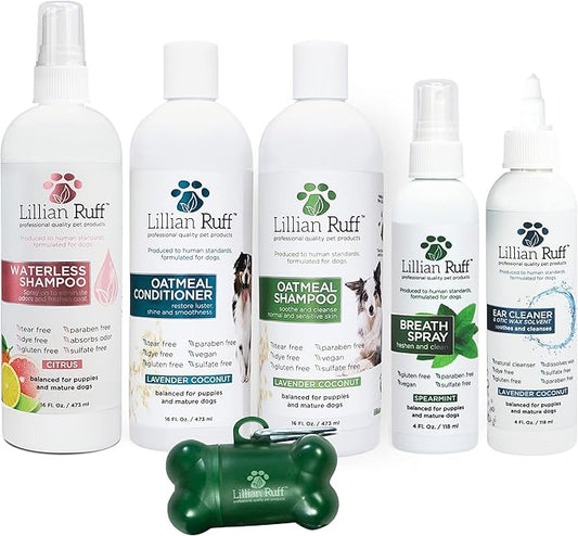 Lillian Ruff Starter Pack Gift Set for Dogs | Oatmeal Shampoo, Oatmeal Conditioner, Waterless Shampoo Citrus, Ear Cleaner & Otic Wax Solvent, Breath Spray, Leash Clip Waste Bag Dispenser with 15 Bags