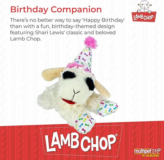 Multipet Lamb Chop Dog Plush Toy w/Birthday Hat - Squeaky Dog Toy for All Dogs - Soft Plush Dog Toy - Stuffed Animal Dog Toy for Playing - Cute Dog Birthday Toy (10.5”, Pink Hat, 5 Squeakers)
