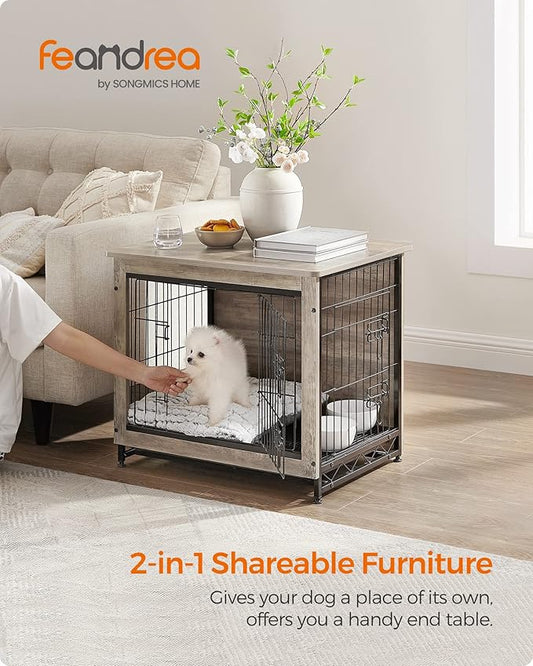 Feandrea Dog Crate Furniture, 27.2" Side End Table, Modern Kennel for Dogs Indoor up to 30 lb, Heavy-Duty Dog Cage with Multi-Purpose Removable Tray, Double-Door Dog House, Greige UPFC001G01