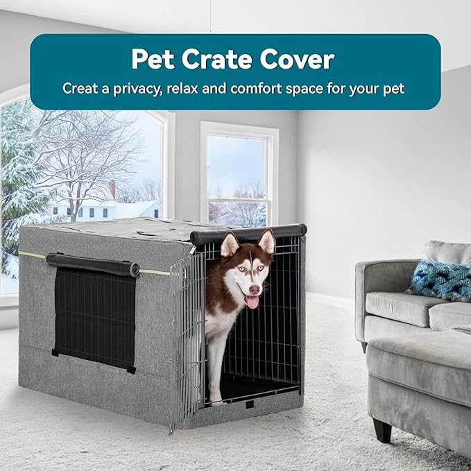 PETSFIT Dog Kennel Cover,36 Inch Crate Cover for Wire Dog Crate, Double Doors, Mesh Window, Flap On The Top and Back is Detachable, Dog Crate Cover Grey