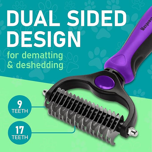 Maxpower Planet Pet Grooming Brush - Double Sided, Extra Wide for Dogs and Cats - Dematting Undercoat Rake, Reduces Shedding by 95%, Purple