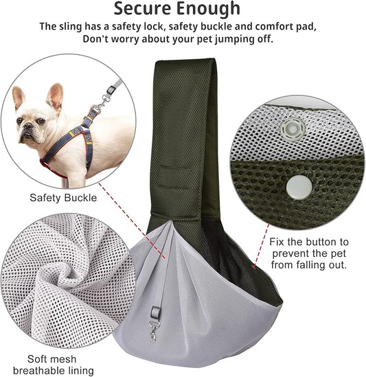 CUBY Dog and Cat Sling Carrier, Hands Free Reversible Pet Papoose Bag, Soft Pouch Adjustable, Suitable for Puppy Cats for Outdoor Travel (Green Mesh, one Size mesh)