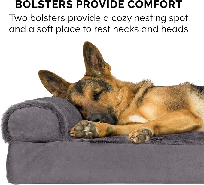 Furhaven Memory Foam Dog Bed for Large Dogs w/ Removable Bolsters & Washable Cover, For Dogs Up to 95 lbs - Plush & Velvet L Shaped Chaise - Platinum Gray, Jumbo/XL