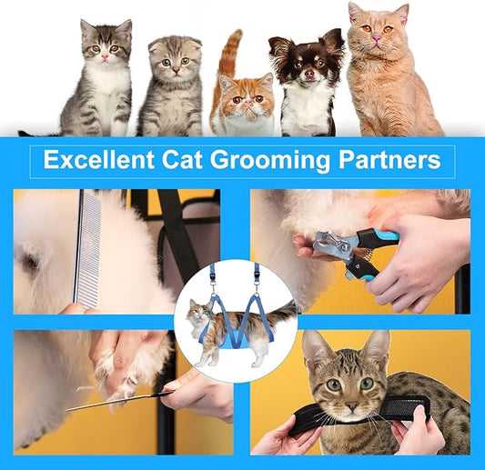 Cat Grooming Hammock, Pet Grooming Harness for Dogs&Cats, Multi Hammock Restraint Bag with Adjustable Grooming Loop/Stainless D-Hooks/Nail Clippers/Trimmer/Nail File for Pet Nail Trimming, Care (XS)